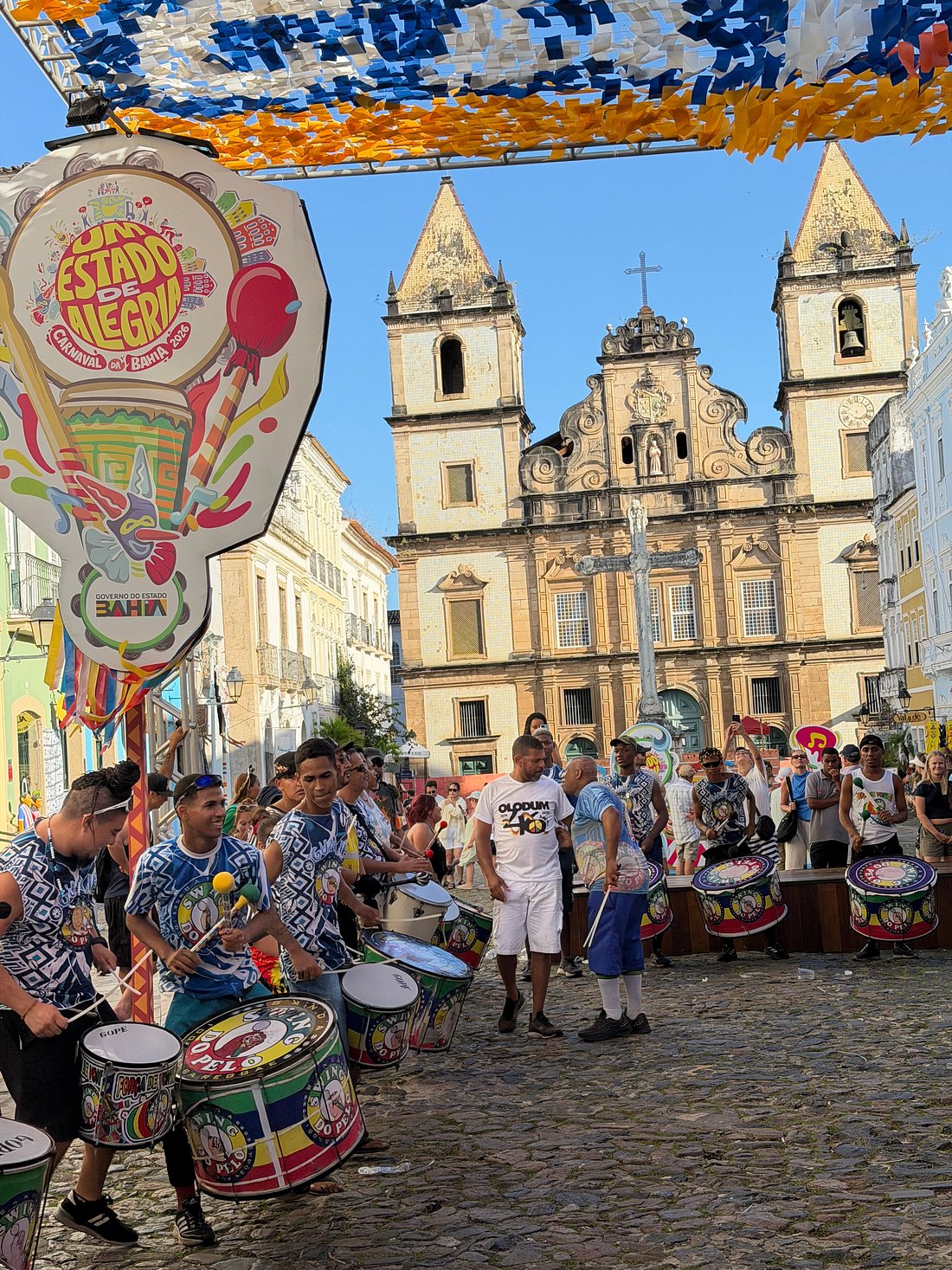 Olodum percussion group performing in Salvador's Pelourinho